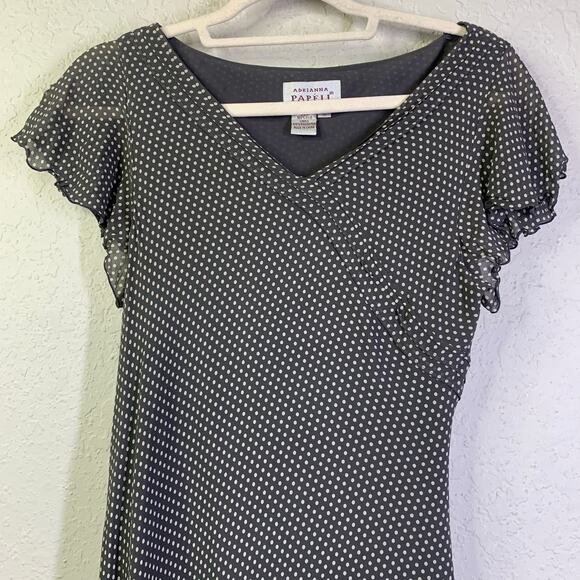 ADRIANNA PAPELL Dress Silk V-Neck Bias Cut Flutter Sleeve Polka Dot Occasion - Picture 4 of 11